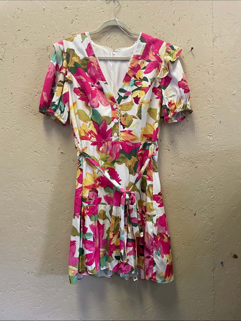Adrianna Papell White Floral Mini Dress in Pink, Yellow & Green